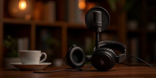 마이크와 헤드폰이 놓여있는 팟캐스트 녹음 스튜디오