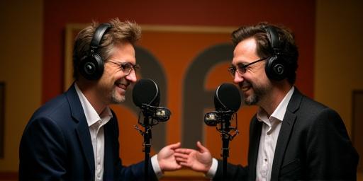 두 명의 진행자가 마주보고 대화하는 팟캐스트 녹음 장면